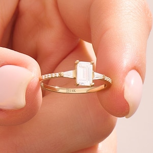 Art Deco Engagement Ring, 14k Gold Emerald Cut Ring, Minimalist Anniversary Band, Proposal Ring Gift for Wife or Girlfriend Ring Gift