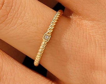 Solid Gold Twist Ring, 14k Dainty Stacking Ring for Women, Twisted Band Stackable Jewelry