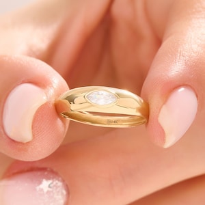 Bezel Dome Ring, 14k Solid Gold Chunky Statement Ring, East West Bubble Ring, Bold Pinky Ring,  Diamond Cz Marquise Ring, Thick Bubble Ring