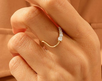 14K Solid Gold Curved Wedding Band for Women Deep Wave Contour Ring Enhancer Solitaire