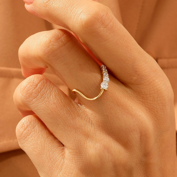 14K Solid Gold Curved Wedding Band for Women Deep Wave Contour Ring Enhancer Solitaire
