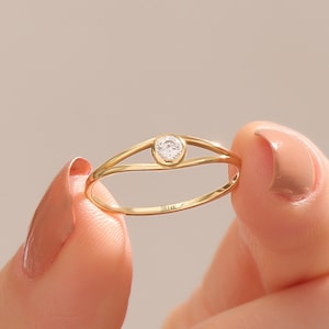 14k Solid Gold Promise Ring for Women, Bezel Diamond Dainty Engagement Ring, Tiny Gold Pinky Ring Gift, Minimalist Split Shank Ring Gifts