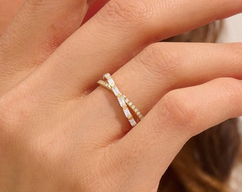 14k Gold Double Cross Band, Solid Gold Criss Cross Ring, Baguette Diamond Cz Wedding Band, Women's X Half Eternity Ring,Brennmore Jewel Ring