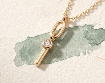 14K Solid Gold Lab Diamond Bar Necklace | Dainty Paperclip Link Pendant, Gift for Her