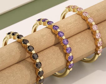 14K Solid Gold Birthstone Ring, Dainty Eternity Band, Personalized Amethyst Pink Sapphire Ring, Stackable Wedding Band,Birthday Gift for Her