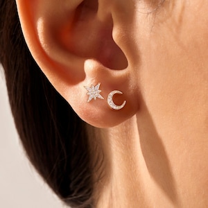 14k Solid Gold Moon and Star Earrings, Tiny Celestial Studs for Women, Minimalist Everyday Earrings, Real Gold Gift Jewelry for Her