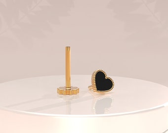 14k Solid Gold Heart Stud Piercing, Dainty Gold Earring Black, Unique Gifts for Girlfriend, Minimalist Earring Women, Daily Earrings