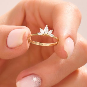 Moissanite Tiny Engagement Ring Women Solid 14K Gold Band Marquise Cut Diamond Dainty Minimalist Real Yellow Rose White Ideal Gift for Her