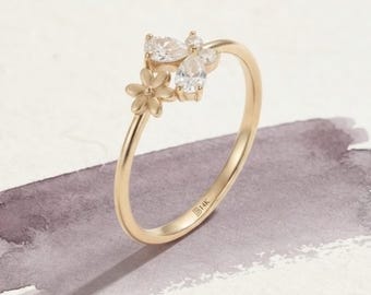 14K Solid Gold Butterfly Ring | CZ Butterfly and Daisy Flower, Dainty Garden Stacking Ring