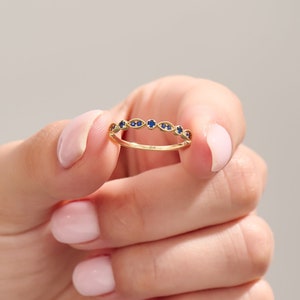 Sapphire Wedding Band, Solid Gold Art Deco Ring, Women Vintage SapphireRing, Stacking Ring, Half Eternity Sapphire Ring, Gift for Wife, Mom