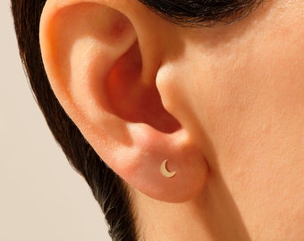 14k Solid Gold Moon Stud Earrings, Celestial Crescent Jewelry, Minimalist Everyday Studs, Tiny Moon Studs for Women, Gold Spiritual Gift