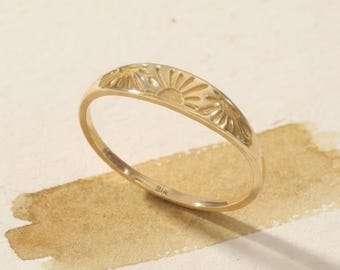 14K Solid Gold Sunrise Ring | Rising Sun Dome Signet, Dainty Celestial Sunshine Stacking Ring