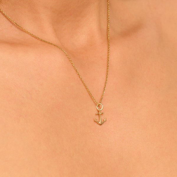 Colgante de ancla de oro macizo, collar náutico de oro de 14 k para mujer, collar de marinero minimalista, colgante de encanto marino diminuto, colgante de oro real