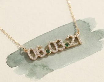 14K Solid Gold Custom Date Necklace | Personalized CZ Pave Number Pendant, Wedding Anniversary Gift