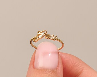 14k Gold personalisierter kursiver Namensring, massiver Gold-Namensring, handgeschriebener Namensring für Frauen, zierlicher Schmuck Geschenk für Mama, handgefertigt