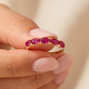 14K Solid Gold Ruby Ring, 5 Stone Ruby Band, July Birthstone Ring, Dainty Stacking Ring, Minimalist Gold Ring for Women, Birthday Gifts