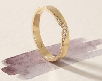 14K Solid Gold Natural Diamond Chevron Band | V Shaped Wedding Ring, Wishbone Stacking Ring