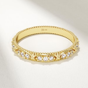 14k Solid Gold Art Deco Wedding Band Vintage Wedding Ring Pave Diamond Ring Eternity Band for Women 18kt Milgrain Band Ring Dainty Jewelry