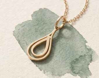 14K Solid Gold Teardrop Necklace | Open Double Drop Pendant, Minimalist Layering Necklace for Everyday