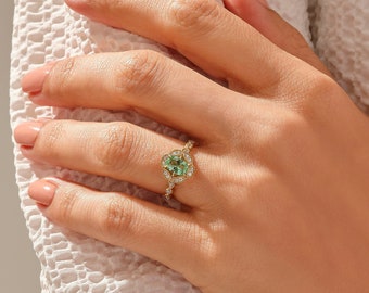 Solid Gold Paraiba Tourmaline Ring, 14k Gold Oval Engagement Ring, Art Deco Flower Ring Women, Green Emerald Solitaire Ring, Nature Rings