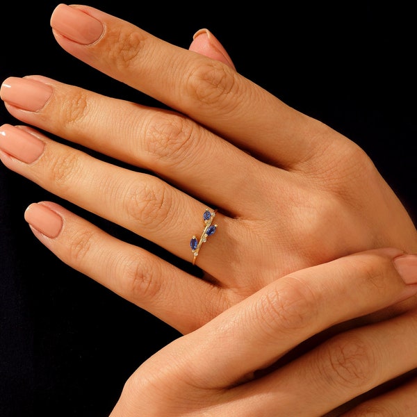 Elegant Sapphire Leaf Ring, 14k Solid Gold Dainty Sapphire Wedding Band Rings for Women, Blue Gemstone Vine Ring, Marquise Botanical Ring