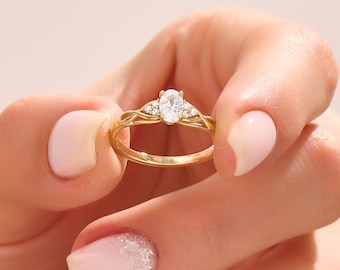 14k Solid Gold Oval Lab Diamond Engagement Ring, Twist Vine Solitaire Ring, Pave Infinity Moissanite Ring, Unique Leaf Style Bridal Ring