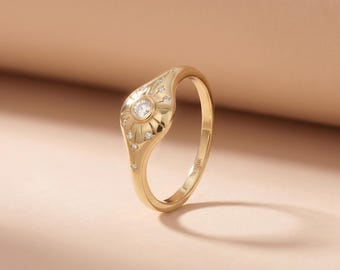 14K Solid Gold Celestial Ring, Moissanite Starburst Signet Ring, North Star Engagement Ring, Unique Sunburst Gold Band, Anniversary Gift Her