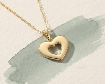 14K Solid Gold Heart Necklace | Cutout Heart Pendant, Dainty Love Charm, Gift for Wife