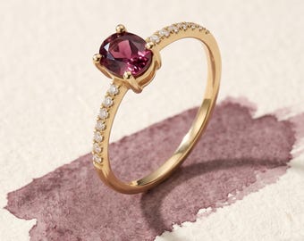 14K Solid Gold Oval Garnet Engagement Ring | Dainty Gold Red Gemstone Pave Diamond Band