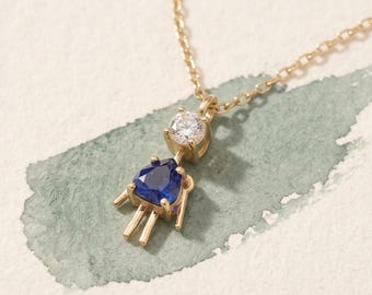 14K Solid Gold Little Girl Charm Necklace | Lab Sapphire Daughter Charm, Mom Birthstone Gift