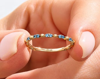 Blue CZ Beaded Stacking Ring 14K Solid Gold | Dainty Dotted Eternity Band for Women