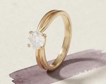 14K Solid Gold Round Moissanite Engagement Ring | Bypass Split Shank Solitaire, Swirl Promise Ring