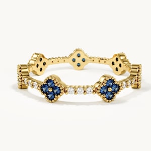 14k Solid Gold Blue Sapphire Clover Eternity Ring, Vintage Gothic Quatrefoil Band, Antique Style Art Deco Stacking Ring, Gemstone Jewelry