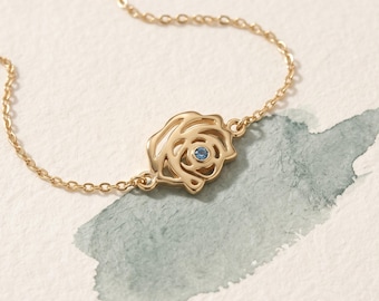 14K Solid Gold Rose Bracelet | Dainty Flower Charm, Lab Aquamarine, March Birthstone Gift