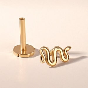 Snake Stud Piercing | 14k Solid Gold Simple Earlobe Piercing | Dainty Helix Stud Women | Gold Serpent Cartilage Stud | Handmade Earlobe Stud