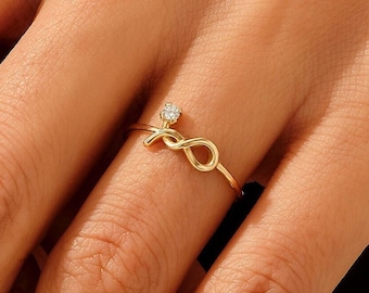 Infinity Bowknot Solo Ring, 14k Solid Gold Minimal Love Knot Ring, Womens Dainty Promise Ring, Everyday Index Finger Ring Gold