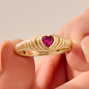 14k Gold Ruby Heart Signet Ring for Women Bezel Ruby Ring 18k Gold Pinky Heart Ring Dome Pink Ruby Ring Gift for Her Ruby Jewelry 10k Gold