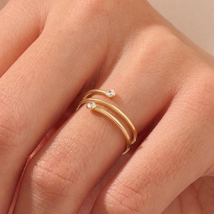 Bezel Set Diamond Wrap Ring 14K Solid Gold, Spiral Stackable Ring, Minimalist Dainty Ring, Open Band, Gift for Girlfriend