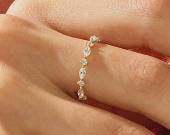 14K Solid Gold Marquise Half Eternity Ring, Moissanite Wedding Band Women, Cluster Diamond Ring, Unique Stackable Anniversary Band for Her