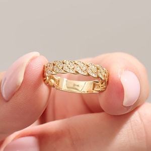 14K Solid Gold Cuban Link Ring – Unique Diamond Pave Wedding Band, Gold Chain Ring for Women, Modern Luxury Solid Gold Wedding Jewelry