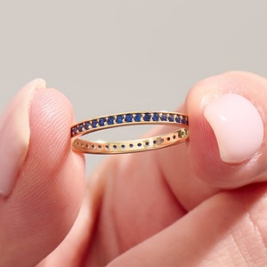Solid Gold Sapphire Eternity Ring, 14k Gold Blue Wedding Band for Women, Thin Stacking Ring, Real Gold Jewelry Ring, Stunning Gift for Her