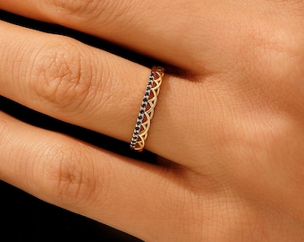 14K Solid Gold Braided Sapphire Wedding Band, Dainty Stacking Ring for Women, Unique Engagement Enhancer