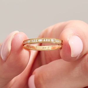 Channel Set Wedding Band 14K Solid Gold Diamond Cz Eternity Ring for Women Minimalist Marriage Ring Handmade Stackable Ring Gift for Her