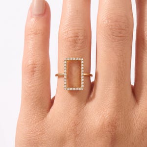 14K Solid Gold Open Rectangle CZ Ring, Geometric Statement Cocktail Band, Elongated Architectural Gift for Her