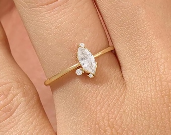 14K Solid Gold Marquise Moissanite Solitaire Ring, Dainty Minimal Engagement Promise Ring, Luxury Gift for Women