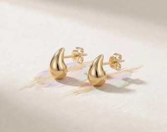 14K Solid Gold Teardrop Stud Earrings | Chunky Water Drop Studs, Polished Puffy Dome Earrings