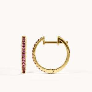 14K Solid Gold Ruby Huggie Earrings, Dainty Pavé Ruby Hoop Earrings, July Birthstone Jewelry, Minimalist Gold Hoops for Her, Ships from USA