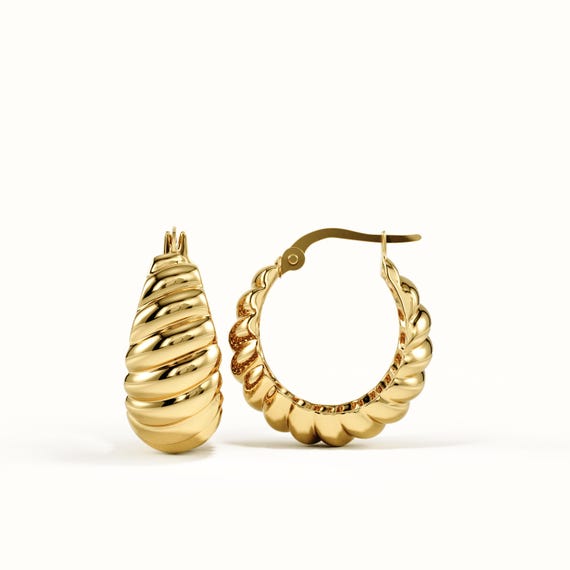 Croissant Hoop Earrings in 14K Gold Vermeil, Chunky Ribbed Dome Huggies, 925 Sterling Silver Base, Retro Anniversary Gift for Her
