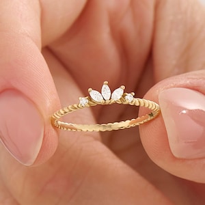 Solid 14K Gold Tiara Wedding Ring, Marquise Diamond Nesting Band, Minimalist Stacking Crown Ring for Women, Unique Bridal Jewelry