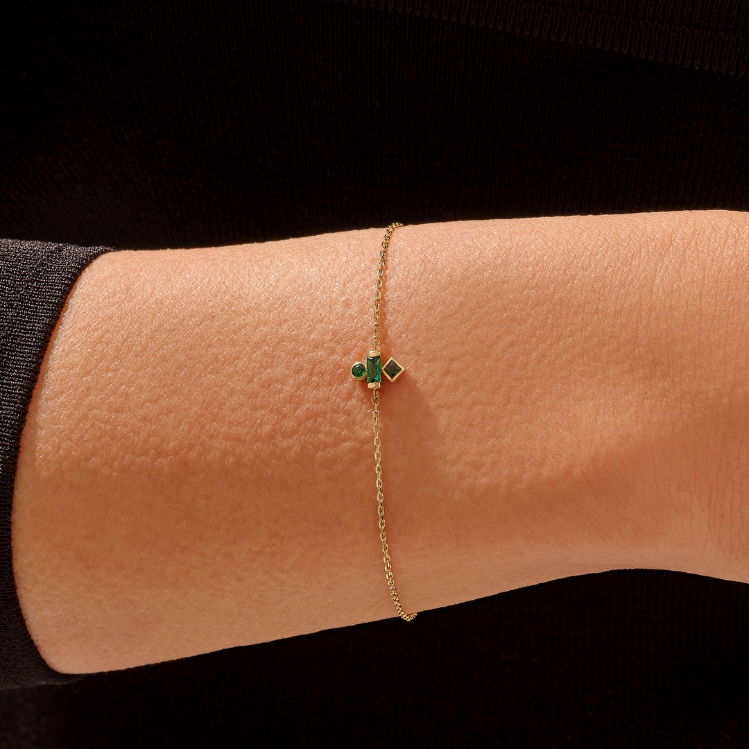 14k Gold Emerald Charm Bracelet, Solid Gold May Birthstone Bracelet ...